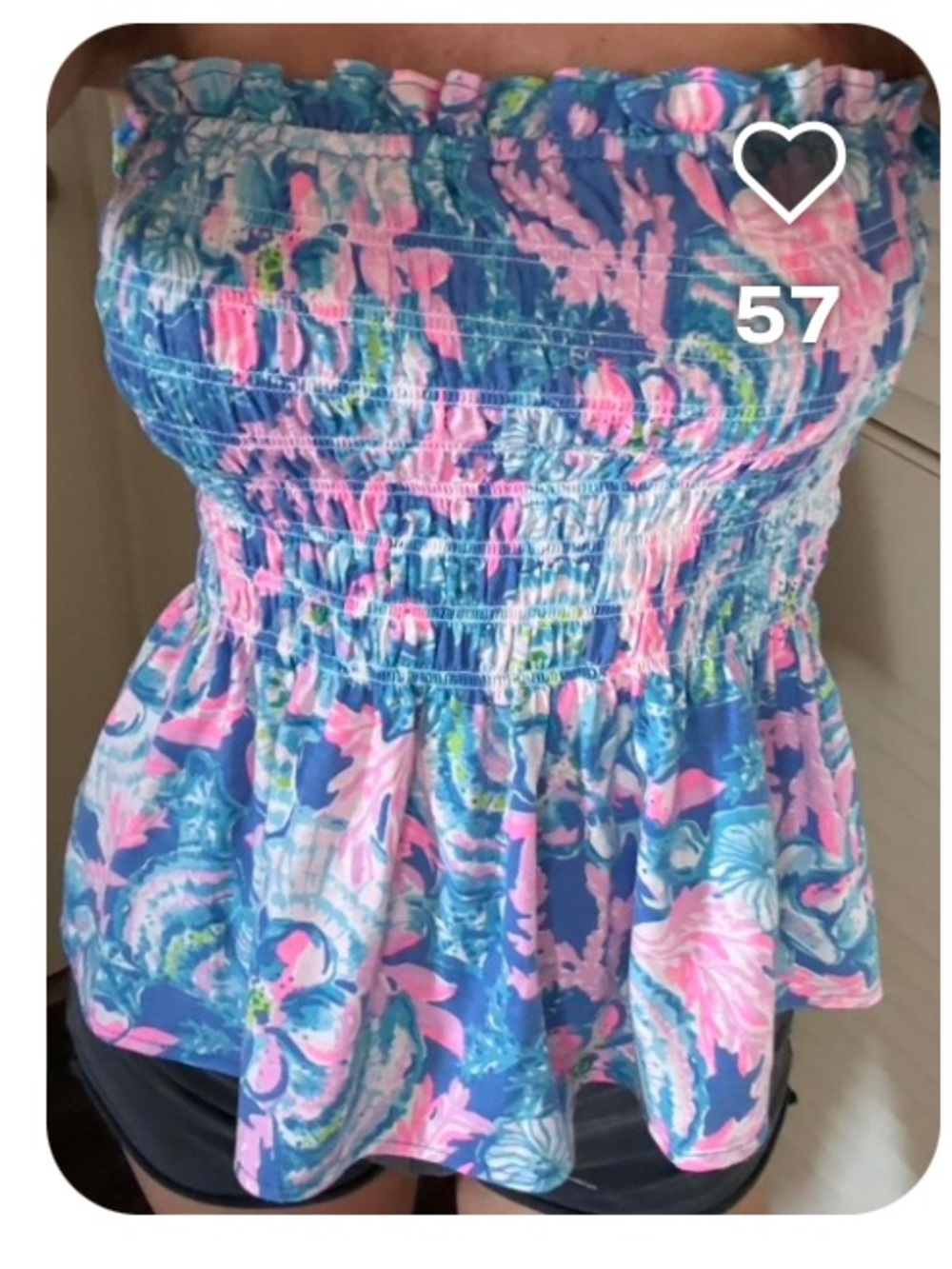 Lilly Pulitzer Strapless Smocked Peplum Top - Blue & Pink Seaside Print